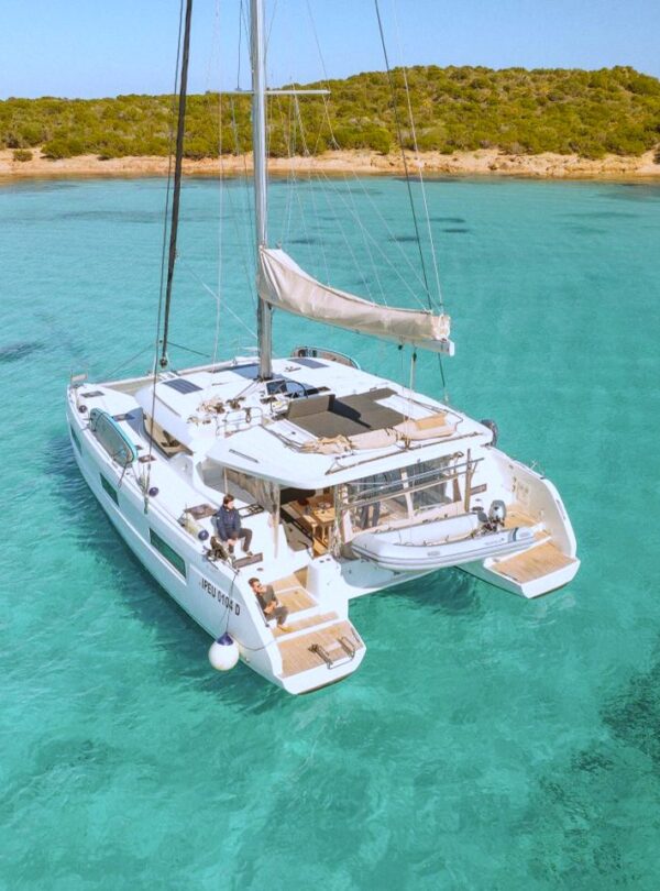 Catamaran in the waters of San Teodoro during the tour to Tavolara and Molara