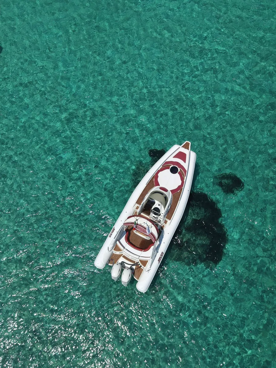 Aerial view of the maxi RIB in the sea around La Maddalena